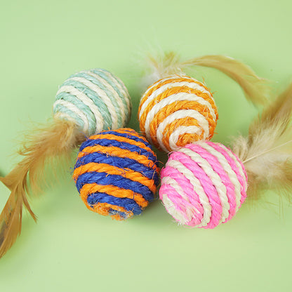 1PCS Feathered Sisal Ball Cat Toy for Self-Entertainment and Boredom Relief, Durable Cat Toy for Scratching and Biting